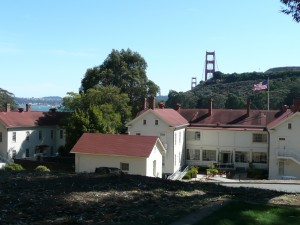 Nice view of old barracks, Golden Gate Bridge and bay 