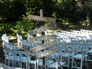 Redwood Estates is the scene of these road-side signs and ceremony chair set-up. We performed as a string quartet for this wedding and reception.