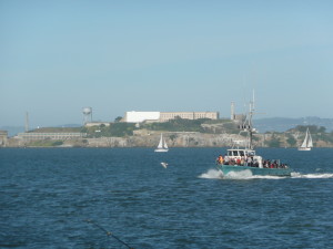 Golden Gate Yacht Club and view of Alcatraz and tour boat 