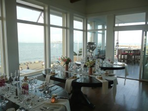 Inside Golden Gate Yacht Club and view of Alcatraz in background